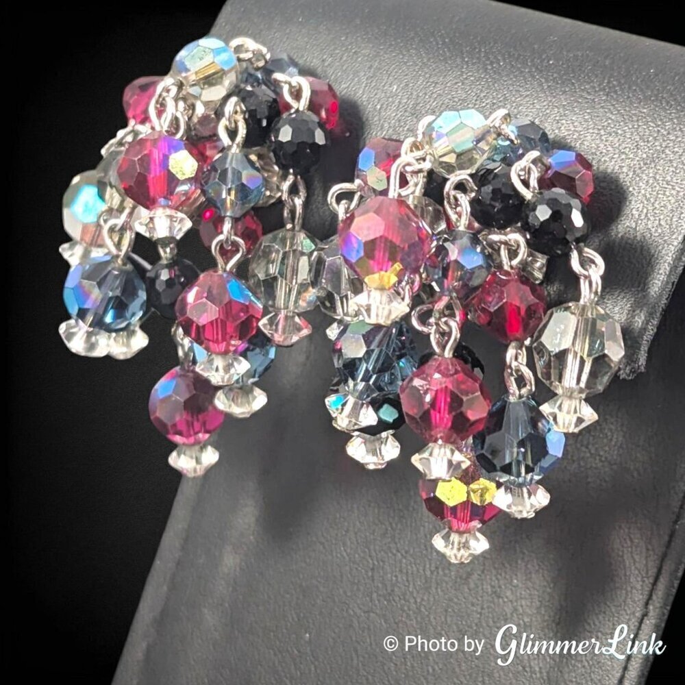 VTG 50s LAGUNA Multicolor Cha Cha Beaded Cluster Silver Tone  Clip On Earrings - Picture 4 of 10